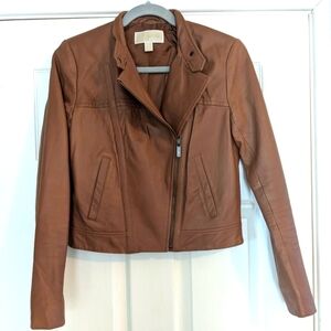 Like New Michael Kors Moto Leather Jacket Camel Brown Tan Genuine Quality Detail